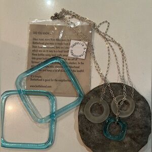 Bottlehood Bombay sapphire recycled glass necklace and 2 bangles lot seaglass